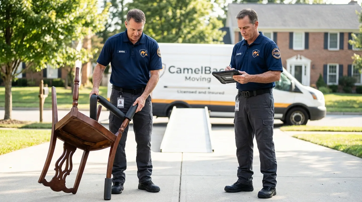 Movers inspecting furniture for damage prevention before loading in Owatonna, MN