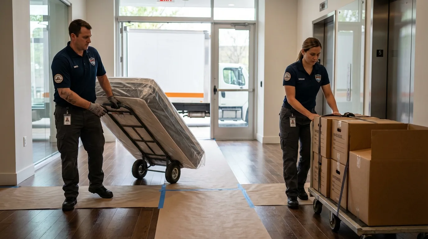 Professional apartment movers loading elevator in Owatonna, MN
